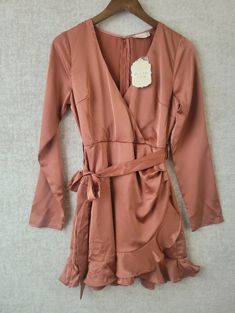 Altar'd State Terracotta Satin Long Sleeve Wrap Mini Dress Ruffle Small Fall NWT